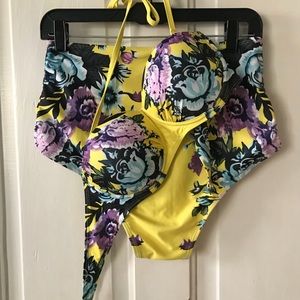 Yellow floral high-waisted bikini set